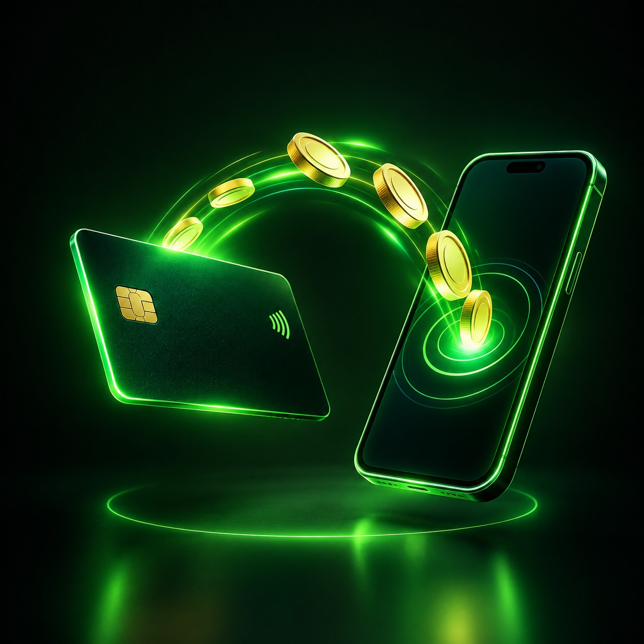 Coins flowing between a bank card and a phone