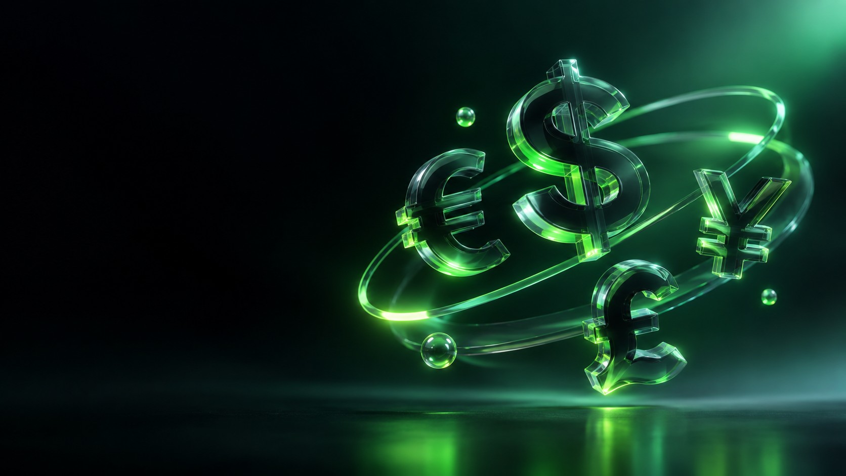 Floating 3d currency symbols of the dollar euro pound and yen orbiting each other